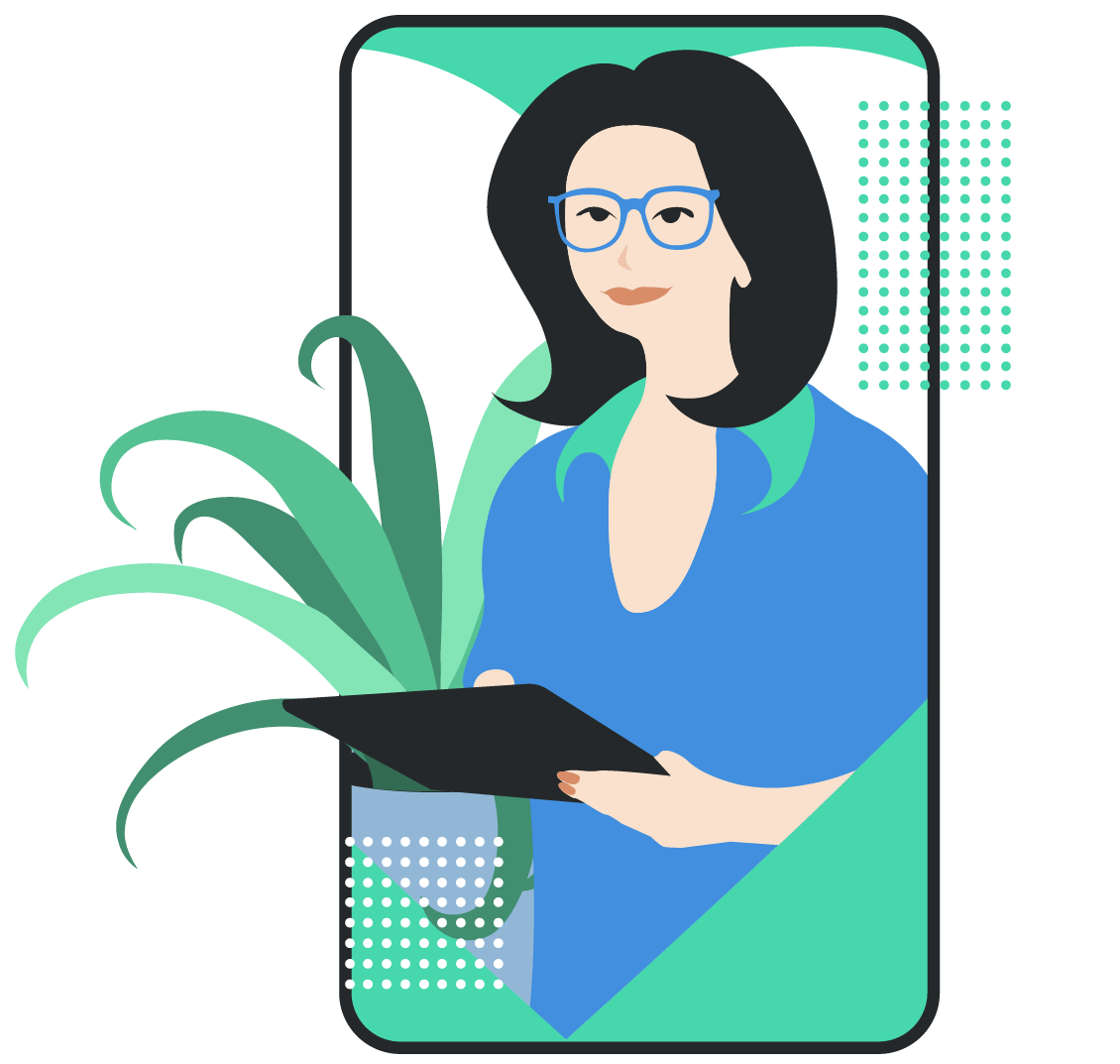 Illustration of a woman with dark hair and glasses, wearing a blue shirt, holding a tablet. She is partially framed by a smartphone outline, with a green plant in the background. The background features a large white heart and geometric design elements in blue and green.