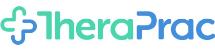 TheraPrac logo featuring a stylized medical cross symbol in gradient green and teal, followed by the word ‘TheraPrac’ in modern, rounded font with ‘Thera’ in green and ‘Prac’ in blue.
